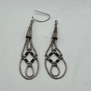 Silver Tone Beaded Dangle Earrings Black Accent Southwestern Style